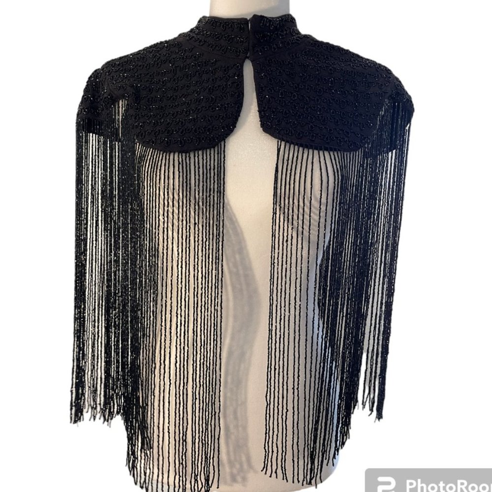 NWT STARING AT STARS Black Beaded Fringe Cape Top